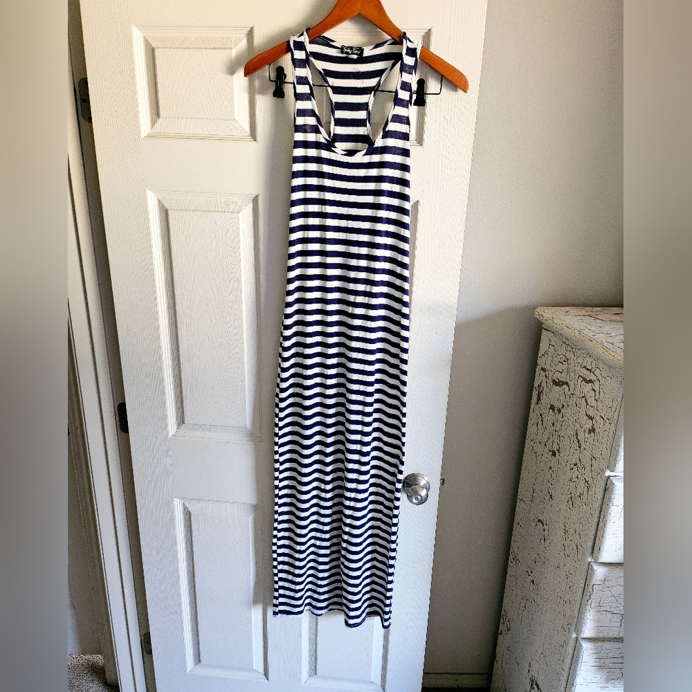 3/$15 Spring Street S Navy Striped Maxi Dress Good Used Condition